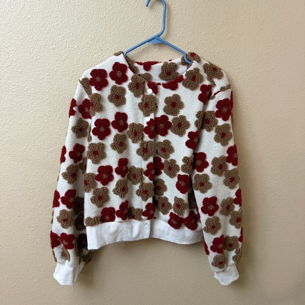 Cream crop snap sweater Burgandy and Brown 3D flowers XXL cottage prairie boho